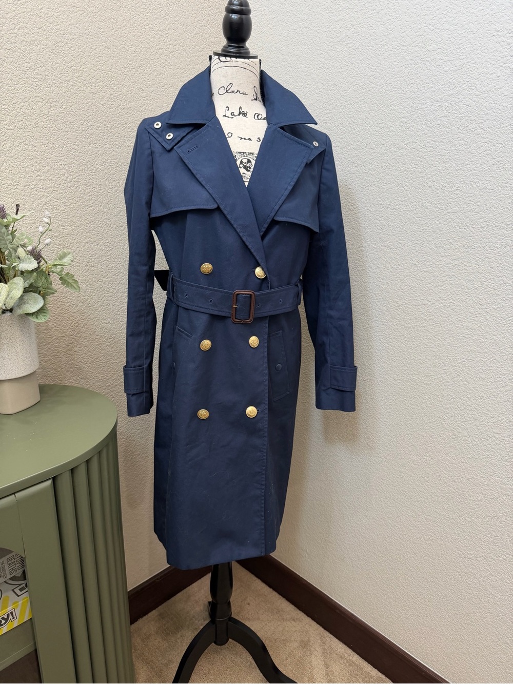J. Crew Navy Double-Breasted Trench with Gold Buttons and Belt